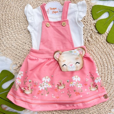 Conj. Body Manga Curta e Salopete Ursinha Fofa - Rosa Conj. Body Manga Curta e Salopete Ursinha Fofa - Rosa